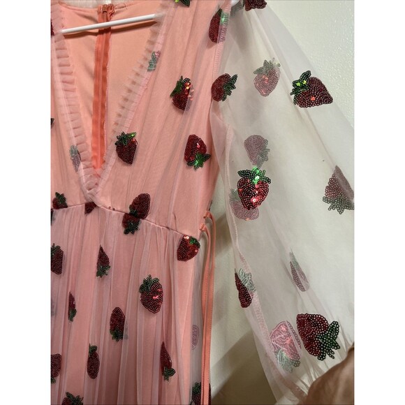 Handmade Regency Era Bridgerton Dress Large Strawberry Sequins Lace Maxi Pink - Picture 5 of 10